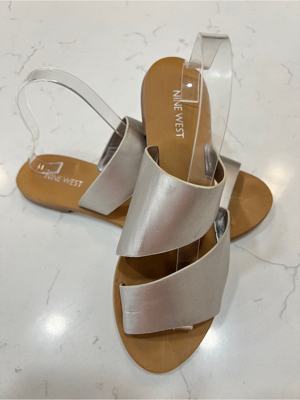Nine West Metallic Silver Pewter Cross-Band Slingback Sandals Sz 9.5 M Flats